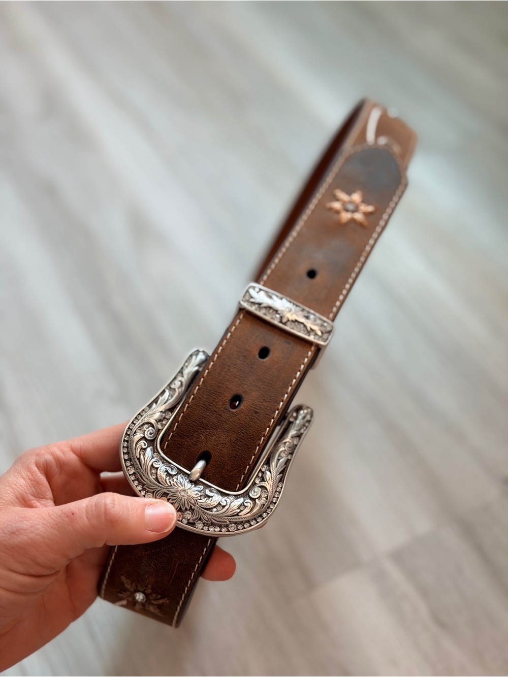 Nocona Brown Leather Women's Belt with Ornate Silver Buckle